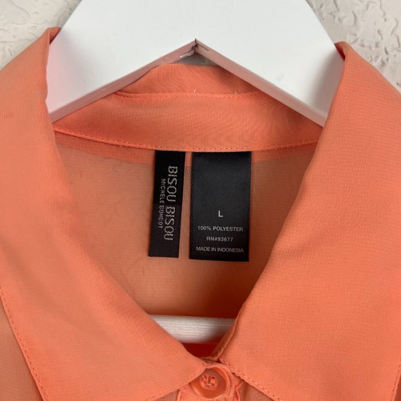 NWT BISOU BISOU Womens L Peach Semi Sheer Fringe Long Sleeve Button Down Shirt - Picture 5 of 7